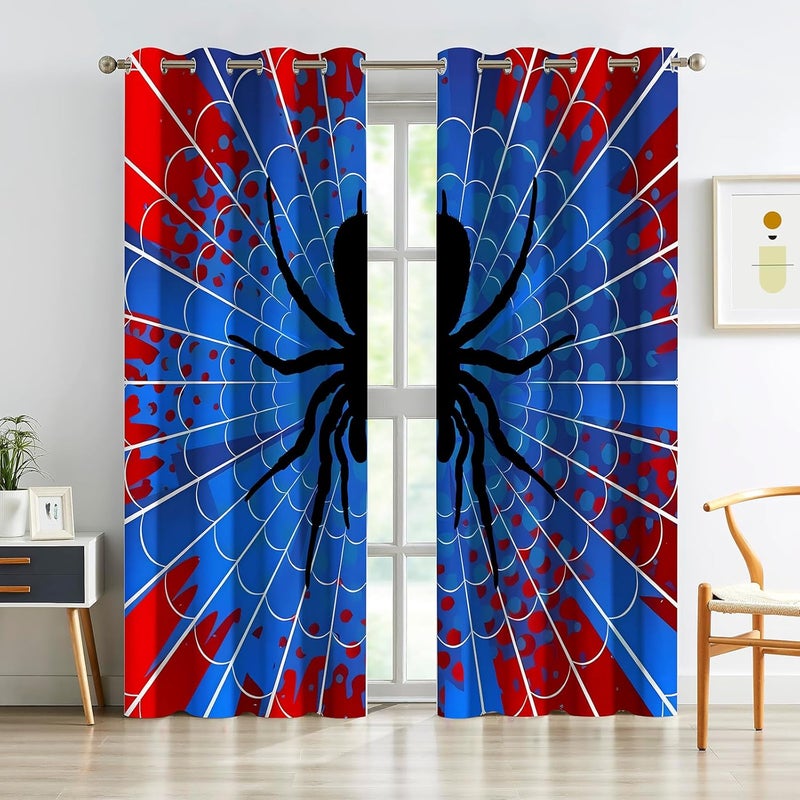 OSUNBD Spider Web Curtains - Superhero Theme - Blackout Thermal Insulated Drapes for Kids Room, Bedroom, Living Room - Blue & Red Design - 52 x 72 Inches, 2 Panels - Image 1